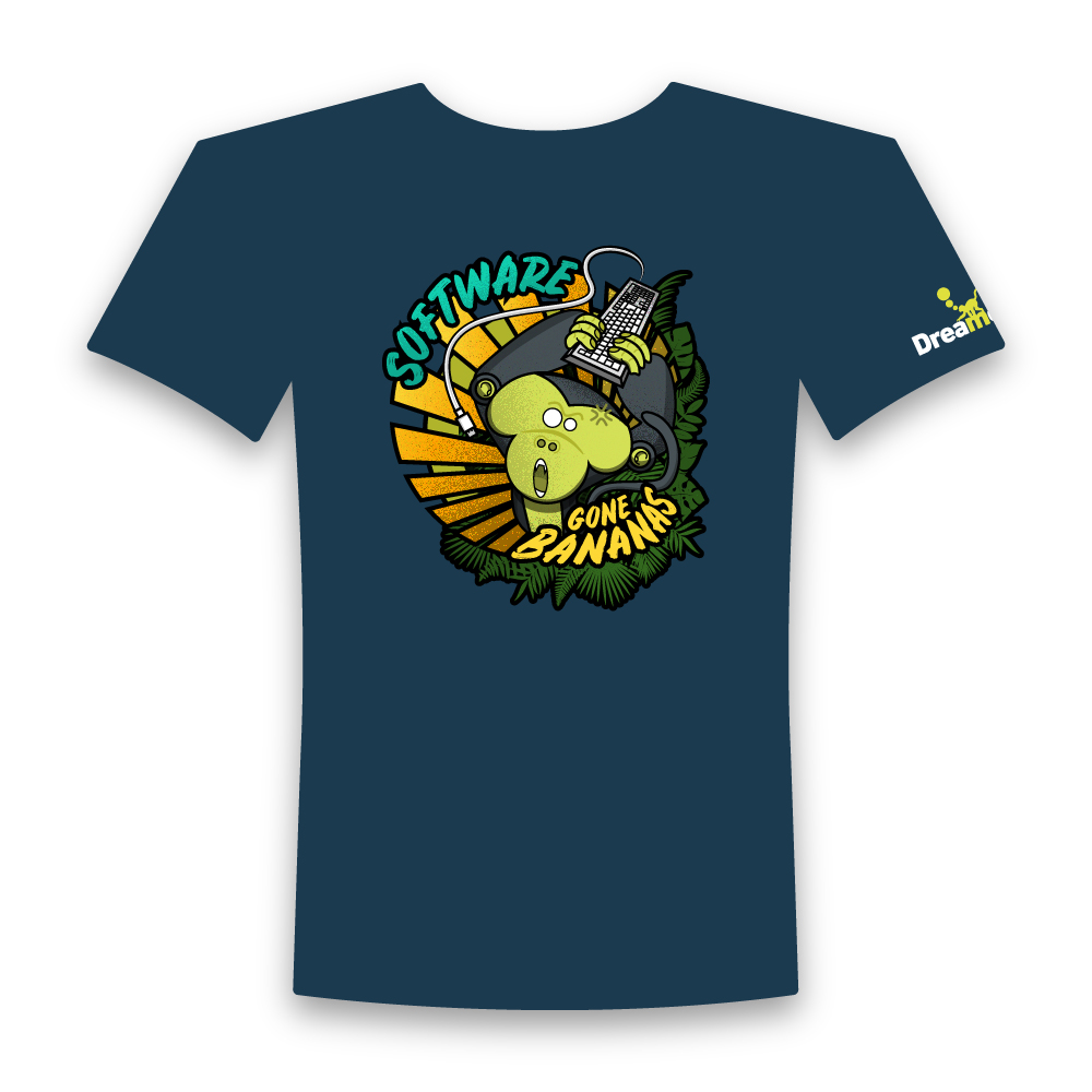 dreamonkey peacock blue tshirt with enraged monkey handling a keyboard like a stick and the monkey has gone bananas