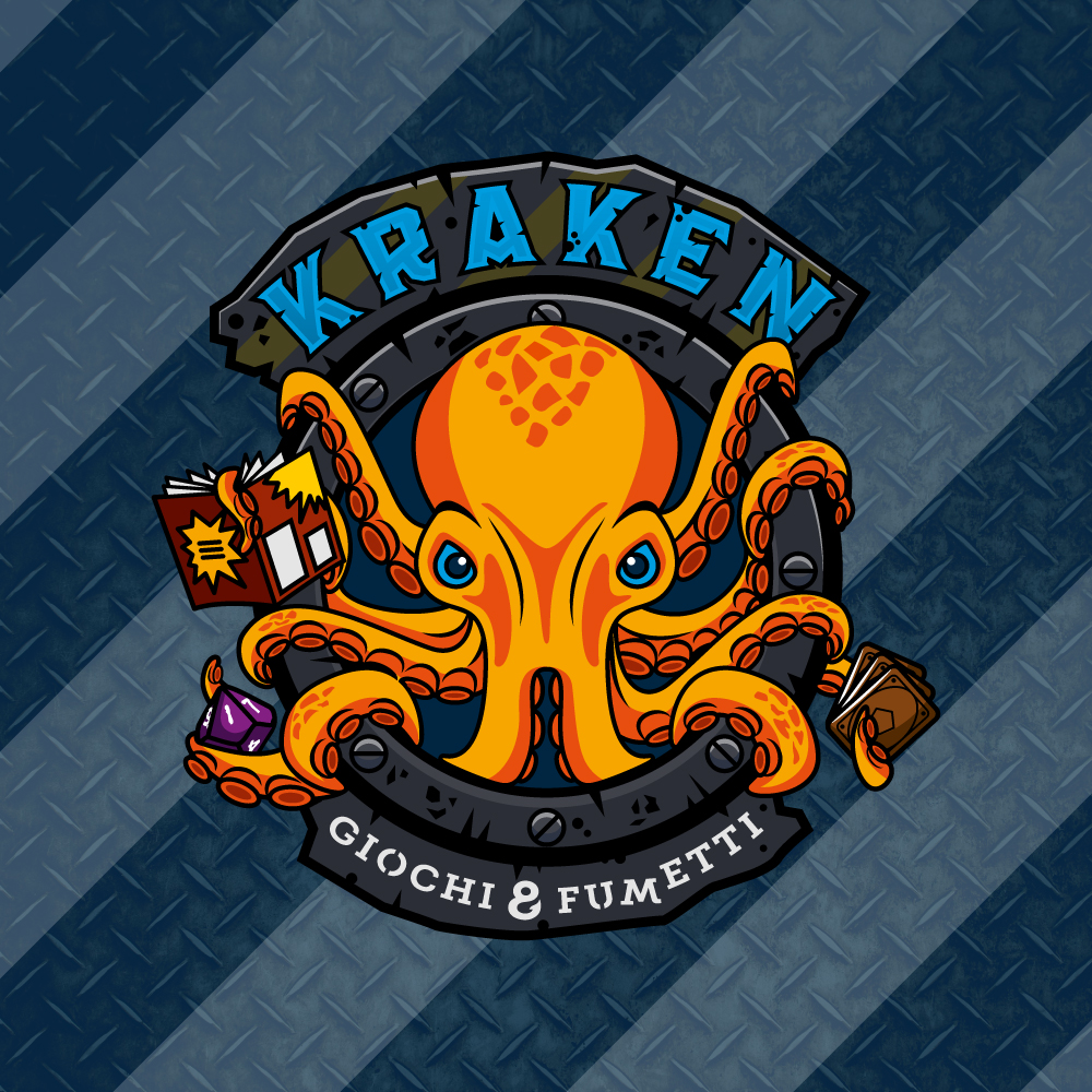 logo fumetteria Kraken giochi e fumetti Reggio Emilia, logo Kraken, fumetti, giochi da tavolo, carte