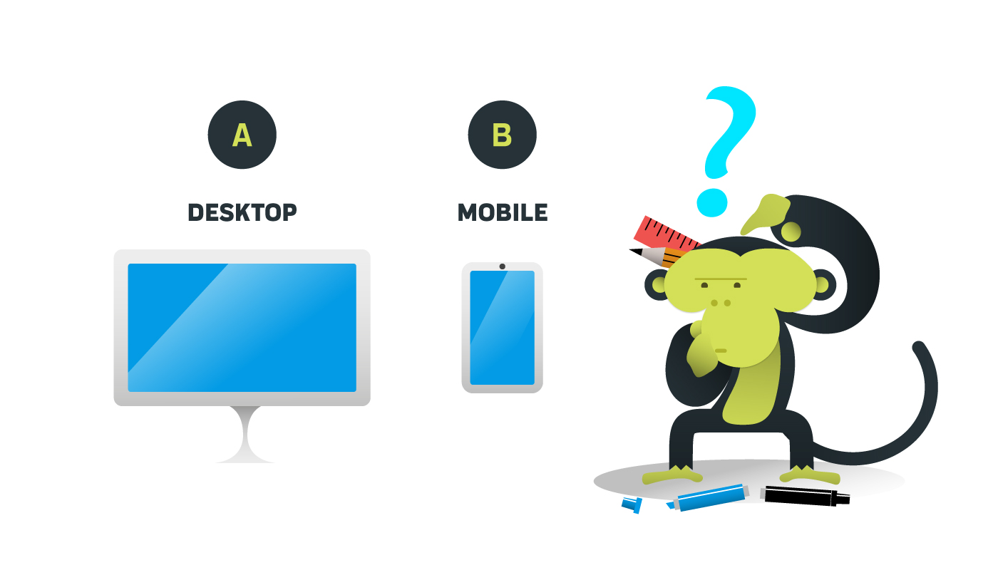Mojo scimmia Dreamonkey mascotte sceglie una viewport tra desktop e mobile