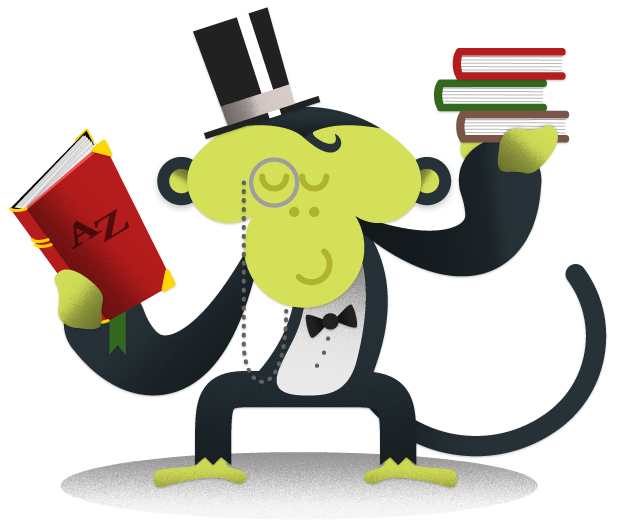 Intellectual mojo with monocle, hat and books