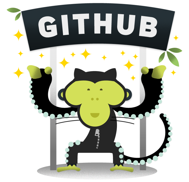 Mojo under a sign reading github while wearing an octocat-like suit
